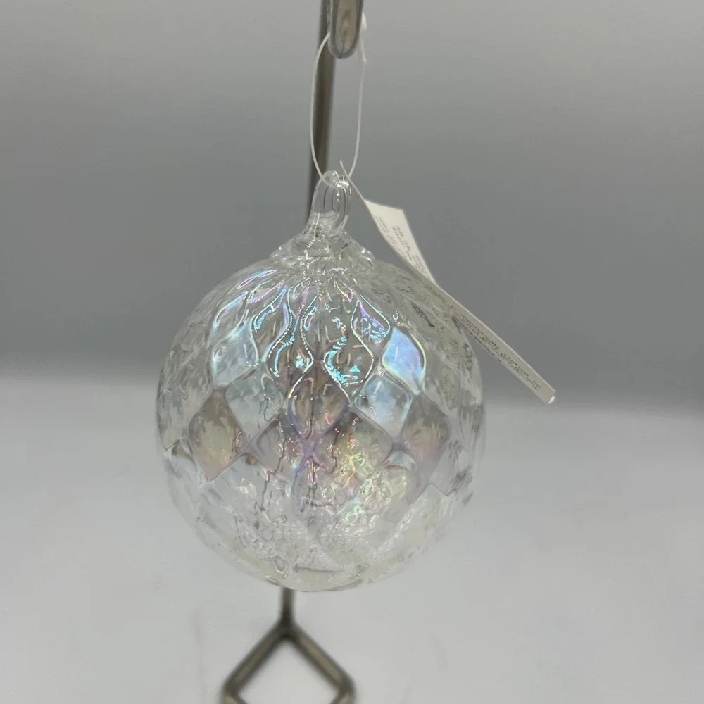 Vtg Glass‎ Eye Studios ornament hand blown quilted iridescent clear white 4
